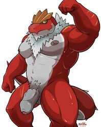 1boy anthro balls big_muscles chest_tuft cyrus_rhodes dilf dinosaur flaccid flexing fur glans hairy humanoid_penis maldu male male_only muscles nintendo nipples nude pecs penis pokemon pubes scalie solo tuft tyrantrum uncut video_games