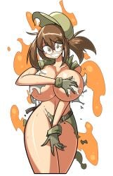 breasts brown_hair covering_breasts covering_crotch covering_privates embarrassed female fio_germi glasses gloves hat huge_breasts metal_slug round_eyewear solo torn_clothes ttang16