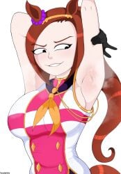 2026 animal_ears armpit armpit_fetish armpit_focus armpits arms_up bakushin_o_armpit_gif_(meme) black_eyes brown_hair fetish gloves gold_hairband hand_on_head hand_up hi_res highres horse horse_girl looking_at_viewer meme musk naughty naughty_face neckerchief no_background polxnart_(artist) ponytail presenting_armpit sakura_bakushin_o_(umamusume) sleeveless sleeveless_jacket smug smug_face solo steam steaming_armpits steaming_body steamy sweatdrop sweating umamusume umamusume_pretty_derby upper_body white_gloves