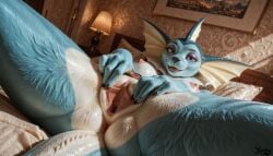 ai_generated anthro bed bedroom breasts eeveelution female inside lying lying_on_bed nipples nude on_back pillow pokemon pokemon_(species) pussy spread_pussy vaporeon vulva