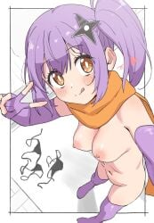 :q breasts elbow_gloves embarrassed female from_above gloves heart highres kusagakure_satoko long_hair looking_at_viewer navel ninja ninja_to_koroshiya_no_futarigurashi nipples no_shoes nude open_mouth orange_eyes orange_scarf purple_hair purple_thighhighs reaching scarf selfie shuriken_hair_ornament side_ponytail sincos small_breasts solo thighhighs thighs tongue tongue_out unworn_bikini_bottom unworn_bikini_top v white_background