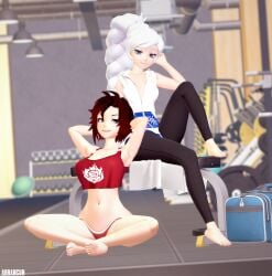 2girls arrancon black_hair black_hair_female blue_eyes grin grinning grinning_at_partner gym gym_clothes gym_shorts gym_uniform light-skinned_female light_skin long_hair long_hair_female looking_at_another pose posing posing_for_the_viewer rooster_teeth ruby_rose rwby scar_across_eye silver_eyes viz_media weiss_schnee white_hair white_hair_female