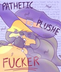 ambiguous_gender animate_inanimate anthro background_text belt belt_buckle black_body blonde_hair buckle button_(fastener) button_eyes clothing collar degradation degradation_kink degradation_text duo face_fucking facial_piercing fellatio freckles hair hat headgear headwear hi_res holding_head intersex intersex/intersex irrumatio jellybeankofi mammal mustelid nose_piercing nose_ring oral oral_penetration otter patched_clothing penetration penile penis_in_mouth piercing plushie profanity questionable_consent ring_piercing roffa selfcest sentient_plush sex square_crossover stuffing witch_hat yellow_body