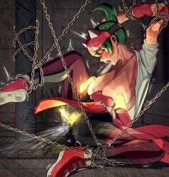 1girls blush bumaden chained chains female_ejaculation female_ejaculation_through_clothes female_orgasm fox_mask gloves green_hair highres kiriko_(overwatch) large_breasts nipple_stimulation nipples overwatch overwatch_2 pussy pussy_ejaculation solo solo_female spread_legs squirting tagme talisman