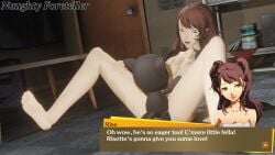 1girls breasts brown_hair crossover feet game_ui kujikawa_rise mr._mew naughty_foreteller persona persona_4 sex square_enix text text_box the_world_ends_with_you