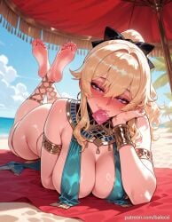 ai_generated armlet balecxi bare_shoulders barefoot beach blonde_hair blue_eyes blush condom condom_in_mouth condom_wrapper covered_nipples feet feet_up female genshin_impact jean_gunnhildr jewelry large_breasts legs long_hair looking_at_viewer lying mouth_hold on_stomach patreon_username ponytail smile soles solo symbol-shaped_pupils the_pose toes