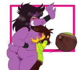 anthro anus artist_request ass axeyopissum breasts clothed cumming deltarune furry hands_on_boobs human kris_(deltarune) lizard long_hair male naked naked_female nipples penis pussy reptile susie_(deltarune) tail twitter_link undertale_(series) zoom_layer