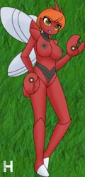 2014 anthro claws female hair hi_res honwell nintendo nipples nude orange_hair pokemon pussy red_body scizor short_hair solo standing tongue tongue_out video_games wings