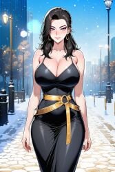 ai_generated belt black_hair blue_eyes cleavage dress earrings large_breasts looking_at_viewer miranda_lawson miranda_lawson_(mass_effect) pink_lips snow tight_clothing top_heavy waist_belt wide_hips
