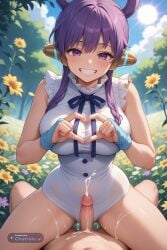 1girl ai_assisted ai_generated cowboy_shot cowgirl_position cum fingerless_gloves flower_field full_body futanari grin heart_hands large_breasts little_penis looking_at_viewer mother_and_daughter narrow_waist one_piece projectile_cum purple_eyes sex size_difference skindentation small_penis smile source_anime sun sunlight teeth uta_(one_piece)