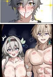 1girls 2boys 2koma aventurine_(honkai:_star_rail) big_breasts bite_mark bite_mark_on_breast blood blush breasts caelus_(honkai:_star_rail) caught caught_in_the_act cheating cheating_(relationship) firefly_(honkai:_star_rail) honkai:_star_rail hoyoverse implied_sex light-skinned_female light-skinned_male light_skin lipstick lipstick_mark mihoyo mini2chainz netorare netorase nosebleed ntr nude out-of-frame_censoring out_of_frame sexually_suggestive steam steamy_breath surprised sweat sweatdrop sweating trailblazer_(honkai:_star_rail)