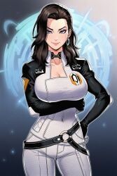 ai_generated black_hair blue_eyes cleavage earrings hands_on_hips large_breasts looking_at_viewer miranda_lawson miranda_lawson_(mass_effect) pink_lips tight_clothing top_heavy wide_hips