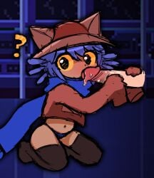 2d ambiguous_gender anthro disembodied_penis erect_penis erection feline legwear male niko_(oneshot) oblivious on_knees oneshot oral panties penis premiumcatsup question_mark stockings thighhighs thong underwear