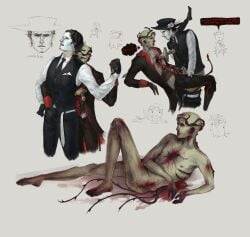 2boys 2d artful_(die_of_death) bald blood blood_splatter closed_eyes clothed clothed_sex cum cum_on_clothes cumming die_of_death die_of_death_(roblox) hand_in_pants hand_on_penis holding_hands jabot jerkingoff leg_up makeup mequot mequot_(die_of_death) multiple_images no_background nude pants_down peanut.avi_(artist) plant skinny standing suit sword thought_bubble undead zombie