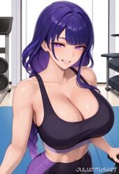 ai_generated alternate_costume bangs bare_shoulders black_sports_bra blush braid braided_ponytail breasts cleavage collarbone dumbbell female grin gym indoors juliatitusart large_breasts long_hair looking_at_viewer midriff mole mole_under_eye navel pants purple_eyes purple_hair raiden_shogun smile solo sports_bra yoga_pants