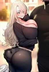 1boy ai_generated ass ass_grab big_ass big_breasts black_body black_underwear blonde_female blonde_hair blue_eyes breasts dark-skinned_male dark_skin fellatio female grabbing_ass groping_ass groping_through_clothes ksyra ksyraarts long_hair paws pubic_hair school schoolgirl simple_background standing very_dark_skin