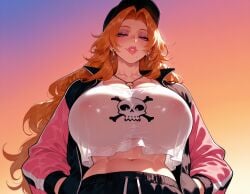 1girls abs ai_generated balecxi baseball_cap black_headwear bleach bleach:_the_thousand-year_blood_war blue_eyes breasts clothing collarbone covered_nipples crop_top crop_top_overhang cropped_shirt curvaceous curvaceous_female curvaceous_figure curvy curvy_figure earrings eyeshadow female female_focus from_below gradient_background half-closed_eyes hands_in_pockets hat hoop_earrings huge_breasts inviting inviting_to_sex jacket jewelry large_breasts lips long_hair long_sleeves looking_at_viewer looking_down makeup matsumoto_rangiku mature_female midriff mole mole_under_mouth navel necklace no_bra o-ring open_clothes open_jacket orange_hair pants parted_bangs parted_lips pink_jacket pink_lips presenting_breasts presenting_self seductive seductive_look seductive_smile see-through see-through_shirt shirt skull skull_and_crossbones skull_print smile solo sunset two-tone_jacket upper_body voluptuous voluptuous_female wavy_hair white_shirt
