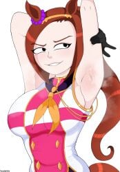 2026 animal_ears armpit armpit_fetish armpit_focus armpits arms_up bakushin_o_armpit_gif_(meme) black_eyes brown_hair fetish gloves gold_hairband hand_on_head hand_up hi_res highres horse horse_girl looking_at_viewer meme musk naughty naughty_face neckerchief no_background polxnart_(artist) ponytail presenting_armpit sakura_bakushin_o_(umamusume) sleeveless sleeveless_jacket smug smug_face solo steam steaming_armpits steaming_body steamy sweatdrop sweating umamusume umamusume_pretty_derby upper_body white_gloves