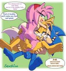 2026 absurd_res amy_rose anal anal_sex anthro anthro_on_anthro anthro_penetrated anthro_penetrating anthro_penetrating_anthro anus ass balls bisexual bisexual_sandwich blue_balls blue_body blue_eyes canid canine dialogue english_text eulipotyphlan feet female female_penetrated foot_on_balls fox fur genitals grab_the_butt green_eyes group group_sex hair hedgehog hi_res looking_at_viewer looking_back looking_back_at_viewer male male/female male/male male_penetrated male_penetrating male_penetrating_female male_penetrating_male mammal multicolored_body multicolored_fur nude one_eye_closed open_mouth open_smile penetration penile penile_penetration penis penis_in_ass penis_in_vagina pink_body pink_hair sandwich_position sega senshion sex simple_background smile smiling_at_viewer soles sonic_(series) sonic_the_hedgehog sonic_the_hedgehog_(series) tails tails_the_fox tan_body tan_fur text threesome two_tone_body two_tone_fur vaginal_penetration vulva wink winking_at_viewer yellow_balls yellow_body yellow_fur