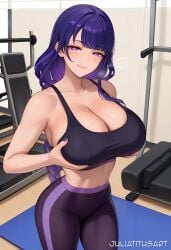 ai_generated alternate_costume bangs bare_shoulders black_pants blush braid braided_ponytail breasts cleavage closed_mouth collarbone female gym high-waist_pants indoors juliatitusart large_breasts long_hair looking_at_viewer midriff mole mole_under_eye nail_polish navel pants purple_eyes purple_hair purple_nails raiden_shogun smile solo sports_bra thighs very_long_hair yoga_pants