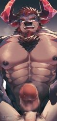 2boys abs absurdres animal_ears bara blush censored completely_nude cow_boy cow_ears cow_horns erection furry furry_male gay gay_male highres horns live_a_hero looking_at_viewer male_focus mosaic_censoring multiple_boys muscular muscular_male navel nipples nude obsidius obsidius_(live_a_hero) open_mouth pectorals penis pov sawch_cls yaoi
