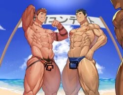 2boys 3boys abs armpits arms_up ass ass_visible_through_thighs bara beach beefy being_watched biceps big_areola big_chin black_hair breasts brown_hair bubble_ass bubble_butt bulge bulge_through_clothing censor_bar censored censored_penis confident contest flexing frown gay genital_outline grin happy_trail hi_res hunk jockstrap low-angle_view male male_only manly mature_male morning mosaic_censoring muscles muscular muscular_arms muscular_ass muscular_legs muscular_male muscular_thighs navel original original_character pecs pink_body pose posing pubic_hair quadriceps seaside short_hair six_pack sky smirk spiky_hair standing sweat sweatdrop sweating sweaty tattoo tattooed_arm thick thick_legs thick_thighs thong toirotto topless tough_guy veiny_arms yaoi