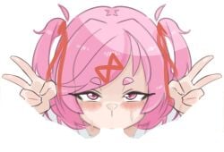 1boy absurdres blank_censor blush censored commentary doki_doki_literature_club double_v emiillb english_commentary fellatio hair_ribbon highres lips looking_at_viewer medium_hair natsuki_(doki_doki_literature_club) oral pink_eyes pink_hair red_ribbon ribbon shirt short_twintails simple_background solo_focus straight sweat twintails v white_background white_shirt