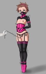 05try2999 1boy absurdres ankle_belt arm_belt ballet_boots ballet_heels black_mask black_shrug black_thighhighs black_trim bondage_mittens bound_ankles brown_hair chain_leash chains chastity_cage chastity_cage_strap chastity_device commission corset crossdressing crossdressing_(mtf) darkness_(konosuba) femdom feminization full_body furrowed_brow gagged garter_straps gloves gold_piercing green_eyes grey_background hair_pulled_back hairband hands_on_own_stomach high_heels highres holding holding_leash implied_urethral_insertion inflatable_buttplug kono_subarashii_sekai_ni_shukufuku_wo! latex latex_shrug leash leash_on_penis legs_together light-skinned_male lock male male_focus male_only mask mouth_mask nipple_bells nipple_piercing nipple_rings nipples nude out_of_frame padlock penis piercing pink_corset pink_gloves pink_hairband pink_trim revealing_chastity_cage ring_piercing satou_kazuma second-party_source short_hair shrug_(clothing) small_penis solo standing tearing_up testicles thighhighs trap turning_head twitching very_high_heels white_gloves wide-eyed