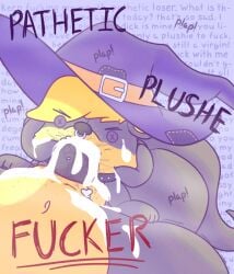 ambiguous_gender animate_inanimate anthro background_text belt belt_buckle black_body blonde_hair bodily_fluids buckle button_(fastener) button_eyes clothing collar cum cum_in_mouth cum_inside degradation degradation_kink degradation_text duo face_fucking facial_piercing fellatio freckles genital_fluids hair hat headgear headwear hi_res holding_head intersex intersex/intersex irrumatio jellybeankofi mammal mustelid nose_piercing nose_ring oral oral_penetration otter patched_clothing penetration penile penis_in_mouth piercing plushie profanity questionable_consent ring_piercing roffa selfcest sentient_plush sex square_crossover stuffing witch_hat yellow_body