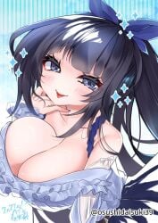 1girls 2d 2d_(artwork) 2d_artwork big_breasts black-haired_female black_hair blouse blue-eyed_female blue_background blue_eyes blue_fingernails blue_hair_ribbon blue_hair_tie blue_nail_polish blue_nails blue_ribbon breasts busty busty_female busty_girl cleavage closed_mouth_smile collarbone digital digital_art digital_drawing digital_drawing_(artwork) digital_media digital_media_(artwork) drawing eyebrows_visible_through_hair female female_focus female_only fingernails fingers hair_ribbon hair_tie half-closed_eyes head_tilt high_resolution highres huge_boobs huge_breasts kou_yukura_suba_(vtuber) large_boobs large_breasts long_hair looking_at_viewer nail_polish nails osushidaisuki39 plump_breasts posing posing_for_the_viewer ribbon shoulders simple_background smile smiley_face smiling smiling_at_viewer smug smug_expression smug_eyes smug_face smug_grin smug_smile solo standing tilted_head tongue tongue_out upper_body virtual_youtuber vtuber vtuberfanart white_background white_blouse