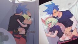 2boys anal anal_sex androgynous bathroom bathroom_sex before_and_after black_legwear bottomless clothed clothing femboy femboy_penetrated galo_thymos gay gay_sex lio_fotia male petite petite_body petite_male promare size_difference slim slim_male slim_waist stockings thighhighs twink yaoi