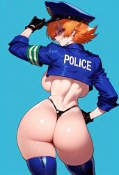 1girls ai_generated armband ass back backboob balecxi bikini bikini_bottom_only black_gloves blue_background blue_eyes blue_jacket blue_thighhighs breasts clothing cowboy_shot cropped_jacket curvaceous curvaceous_female curvaceous_figure curvy curvy_figure evil_grin female female_focus from_behind gloves grin hand_on_own_hip hat headwear highleg igawa_sakura inviting inviting_to_sex jacket large_breasts legwear looking_at_viewer looking_back orange_hair panties pantsu peaked_cap police police_hat police_uniform policewoman presenting presenting_ass presenting_breasts presenting_hindquarters presenting_self seductive seductive_look seductive_smile shiny_skin short_hair simple_background skindentation smile solo swimsuit taimanin_(series) taimanin_asagi taimanin_asagi_battle_arena thick_thighs thighhighs thighs thong underwear uniform voluptuous voluptuous_female wide_hips zipper zipper_pull_tab