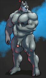 1boy anthro balls belly biceps big_muscles black_nose canine chubby flexing fur grey_fur heart hound_(character) houndgrey huge_muscles male male_only mammal musclegut muscles nude pecs penis pose smile solo sweat vein