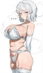 ... 1girls arms_behind_back belly belly_button blue_eyes faust_(limbus_company) female limbus_company lingerie looking_at_viewer navel project_moon stoic_expression sweat sweating sweaty sweaty_body tomosaka white_hair