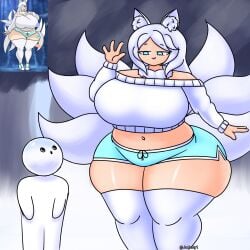 1girls aqua_eyes aqua_shorts artist_name ass bare_shoulders big_ass big_breasts blue_eyes breasts dolphin_shorts jadusty1 long_hair navel shiny_skin shorts tall thick_thighs thighhighs thighs white_hair white_thighhighs