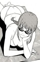 1girls ai_generated bikini chainsaw_man female female_only hai laying_on_stomach makima_(chainsaw_man) monochrome solo sunglasses swimsuit white_bikini