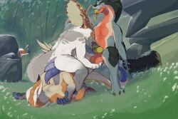 aknosom almudron animal_genitalia anthro ball_fondling balls beajob big_balls bird_wyvern bone_frill capcom claws erection fellatio fondling frill_(anatomy) genital_slit genitals group group_sex hi_res interspecies izuchi knot knotted_penis leviathan_(mh) long_beak long_tongue lucky_pierre male male/male male_penetrated male_penetrating male_penetrating_male monster_hunter on_grass on_ground oral penetration penile penis reverse_piledriver_position scalie sex smile tail thick_tail threesome tongue tongue_out tonguejob trio voyeur willywea