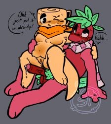 blush dandy's_world dandys_world dialogue male/female neckerchief penis precum pussy scarf shelly_(dandy's_world) speech_bubble sprout_(dandy's_world) stinkslutbunny tail watermark