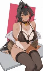 1girls artist_request bay_(nikke) black_hair breasts female female_focus female_only goddess_of_victory:_nikke large_breasts lingerie looking_at_viewer seductive sexy solo tanned tanned_female tanned_skin thick_thighs thighhighs thighs wide_hips