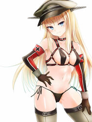 bare_shoulders bismarck_(kantai_collection) blonde_hair blue_eyes blush breasts cameltoe detached_sleeves erect_nipples female gloves grey_legwear hat highres kantai_collection long_hair looking_at_viewer military military_hat panties peaked_cap side-tie_panties solo thighhighs underwear yuemanhuaikong