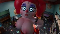 3d 3d_(artwork) 3d_render animatronic animatronic_female big_ass big_booty big_breasts blue_eyes blush breasts breasts_out camera camera_pov camera_view chest_freckles circus_baby circus_baby_(fnaf) clown_girl clown_makeup clown_nose erect_nipples eyelashes eyeshadow face_freckles five_nights_at_freddy's fnaf freckles freckles_on_chest freckles_on_face freckles_on_shoulders glowing_eyes hands_on_hips huge_breasts lipstick no_bra pale_skin panties pink_nipples pizza red_hair render robot robot_girl smile smiling solo twintails viewed_from_above white_skin