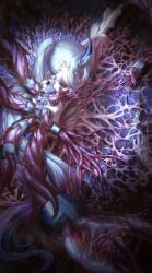 1other absurdres blood blood_in_hair body_horror body_modification collar commentary_request dark extra_mouth female flesh from_above glowing_pupils gun guro handgun highres horns horror_(theme) looking_at_viewer mechanical_spine metal_collar monster_girl monsterification on_ground original parasite restrained single_horn slime_(substance) spotlight tentacle tentacle_girl transformation weapon white_eyes white_hair yyfuu