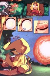 absurd_res accessory ambiguous_gender anthro biped black_body block blonde_eyebrows blonde_hair blood blood_from_head blood_on_face blue_eyes bodily_fluids bottomwear branch breath_powers clothing cuchuflin elemental_manipulation exclamation_point eyebrows female feral fire fire_breathing fire_manipulation fireball footwear forest forest_background frida_(cuchuflin) generation_2_pokemon generation_7_pokemon group hair hair_accessory hairband hi_res horn houndoom human mammal nature nature_background nintendo plant pokemon pokemon_(species) ponytail quadruped red_clothing red_shirt red_topwear ribombee romi_(cuchuflin) roots scared shielding shirt shoes text topwear tree vein white_bottomwear white_clothing