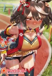 ahoge ai_generated animal_ears armpits big_thighs black_hair black_thighhighs blush breasts curves curvy curvy_body curvy_figure female hair_between_eyes hair_ornament horse_ears horse_girl japanese_clothes kimono kitasan_black_(umamusume) large_thighs looking_at_viewer multicolored_hair naticai pussy red_eyes removing_panties shiny_skin short_hair solo sweat thick_thighs thighhighs umamusume umamusume_pretty_derby uncensored voluptuous white_hair wide_hips