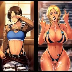 1girl ai_generated attack_on_titan before_and_after bimbo bimbofication black_lipstick blonde_hair breasts_implants brown_hair cleavage cleft_of_venus covering_own_eyes crotchless_panties cum cum_in_mouth cum_on_thighs cupless_bra dark-skinned_female female freckles gold_earrings gyaru gyarufication hazakura151 heavy_breathing highleg_panties huge_breasts large_breasts light-skinned_female makeup medium_breasts middle_finger military_base military_uniform nail_polish navel nervous open_mouth paradis_military_uniform pink_nails pussy queen_of_spades recording shaved_pussy shingeki_no_kyojin smug spade_earrings spade_tattoo steaming_body sweat sweatdrop sweating sweaty tan_body tan_lines tan_skin thick_lips transformation very_sweaty wavy_mouth wide_hips worried ymir_(shingeki_no_kyojin)