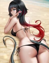 1girls animal_tail ass back back_view beach bikini bikini_bottom bikini_top black_bikini black_hair blue_eyes breasts butt female female_focus female_only gigamessy hoyoverse jane_doe_(zenless_zone_zero) large_breasts laying_down laying_on_stomach looking_at_viewer looking_back rat_ears rat_girl rat_tail red_highlights sand smile smirk solo tagme tail thiren viewed_from_behind wide_hips zenless_zone_zero