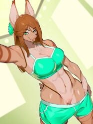 accessory anthro athletic_wear blep bodily_fluids bottomwear bottomwear_down bra breasts brown_hair chest_tuft clothed clothing felid feline female flower flower_in_hair fur genital_fluids genitals green_eyes gym_bottomwear gym_shorts hair hair_accessory hi_res looking_at_viewer lynx mammal midriff muart242 partially_clothed plant samantha_(sil_blackmon) shorts shorts_down solo sports_bra tan_body tan_fur tongue tongue_out tuft underwear vaginal_fluids vulva