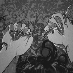 1boy 1boy1girl 1girls black_and_white female hag hand_holding handholding hands_only holding_hands implied_sex long_hair long_nails male male/female monochrome monster monster_girl not_enough_milk_(artist) original witch