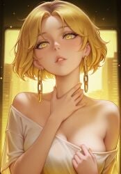 1girls ai_generated bare_shoulders blonde_hair breasts chain_earrings cleavage disco_elysium dreamheat earrings female hand_on_breast hand_on_neck hand_on_own_chest medium_breasts off-shoulder_shirt off_shoulder parted_lips perception_(disco_elysium) personification short_hair solo teasing white_shirt yellow_eyes
