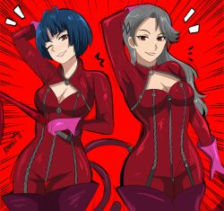 2girls ann_takamaki_(cosplay) blue_hair breasts cosplay female female_only karbuitt long_hair megami_tensei multiple_girls persona persona_5 sae_niijima short_hair silver_hair tae_takemi